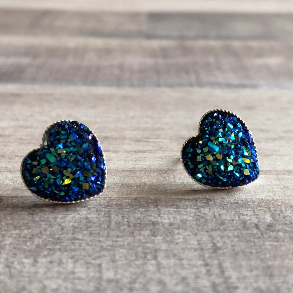 Blue Faux Druzy Silver Heart Stud Earrings! - Picture 4 of 6